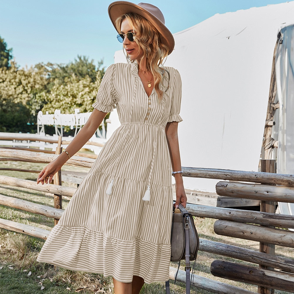 Women Elegant Striped Lantern Sleeve Summer Dress Causal V-neck Button –  Mega Mart Center