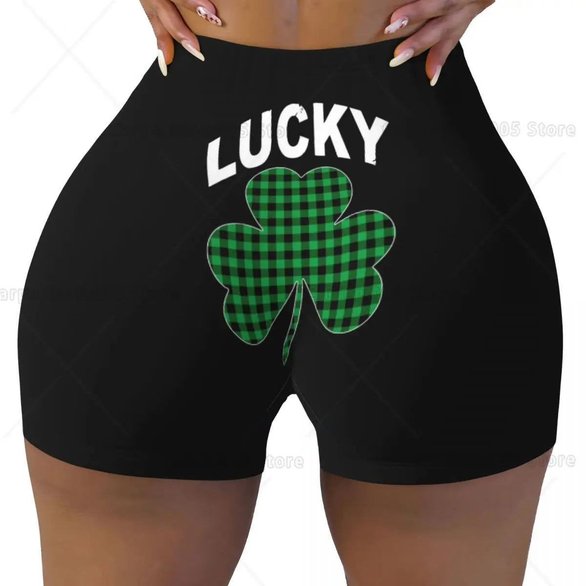 Lucky Plaid Clover St Patrick Day Yoga Shorts for Women High Waisted Biker Shorts Gym Athletic Running Workout Yoga Pants
