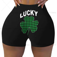 Lucky Plaid Clover St Patrick Day Yoga Shorts for Women High Waisted Biker Shorts Gym Athletic Running Workout Yoga Pants
