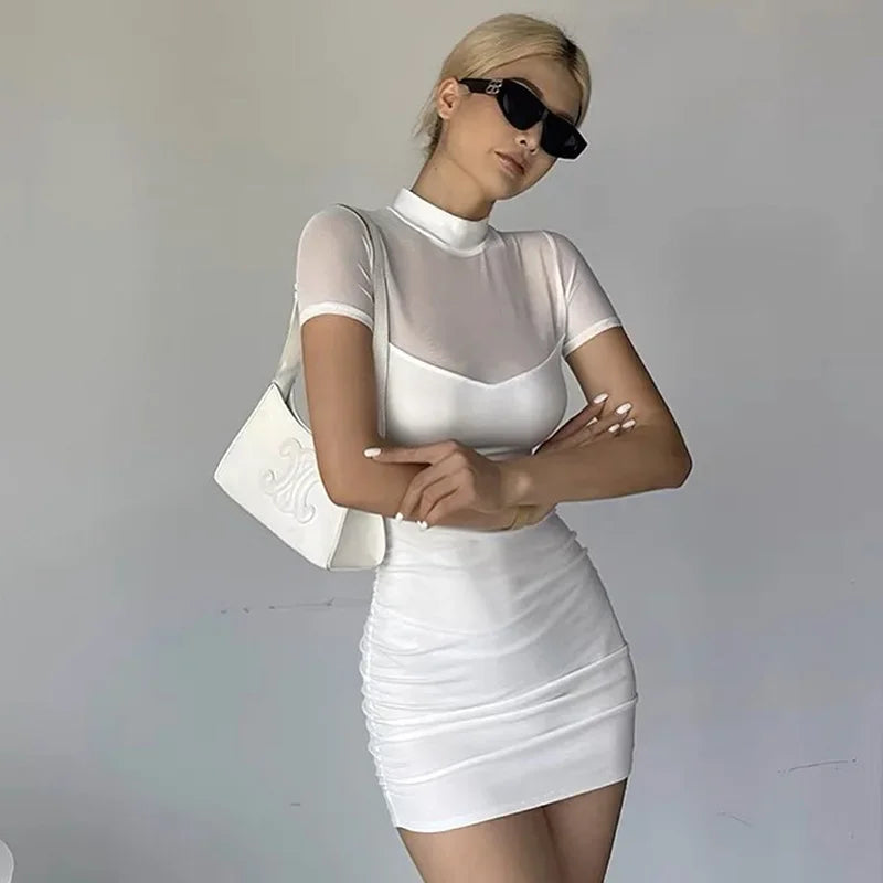 Sexy Pure Color Mesh Splice Design Halter Neck Sleeveless Dress Mini Skirt Length Q23DS261 for Women New Summer Style