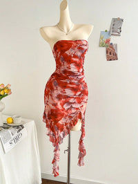 New spring/summer ladies sexy strapless, backless hemline irregular mini dress