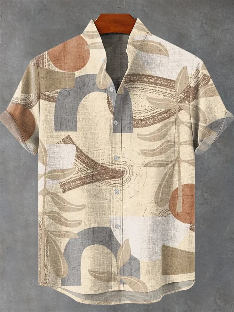Men's Short Sleeve Linen 100% Shirt 3D Octopus Print Funny Art Hawaiian Leaf Flip-Collar Shirt New Collection