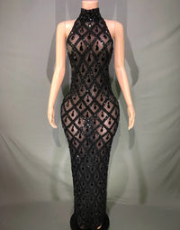Sparkly Rhinestones Sleeveless Long Dress Elegant Dark Mesh Celebrate Evening Wedding Prom Gown Birthday Dress Photograph Wear