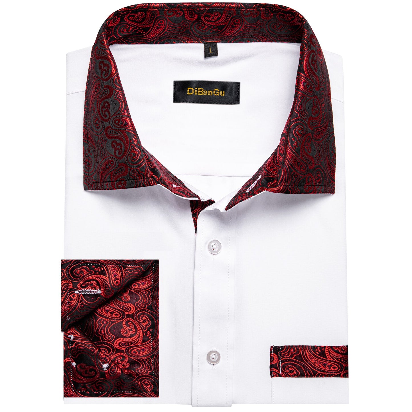 Luxury White Red Dress Shirts for Men Clothing Long Sleeve Tuxedo Social Casual Splicing Paisley Collar Cuff Mens Shirt