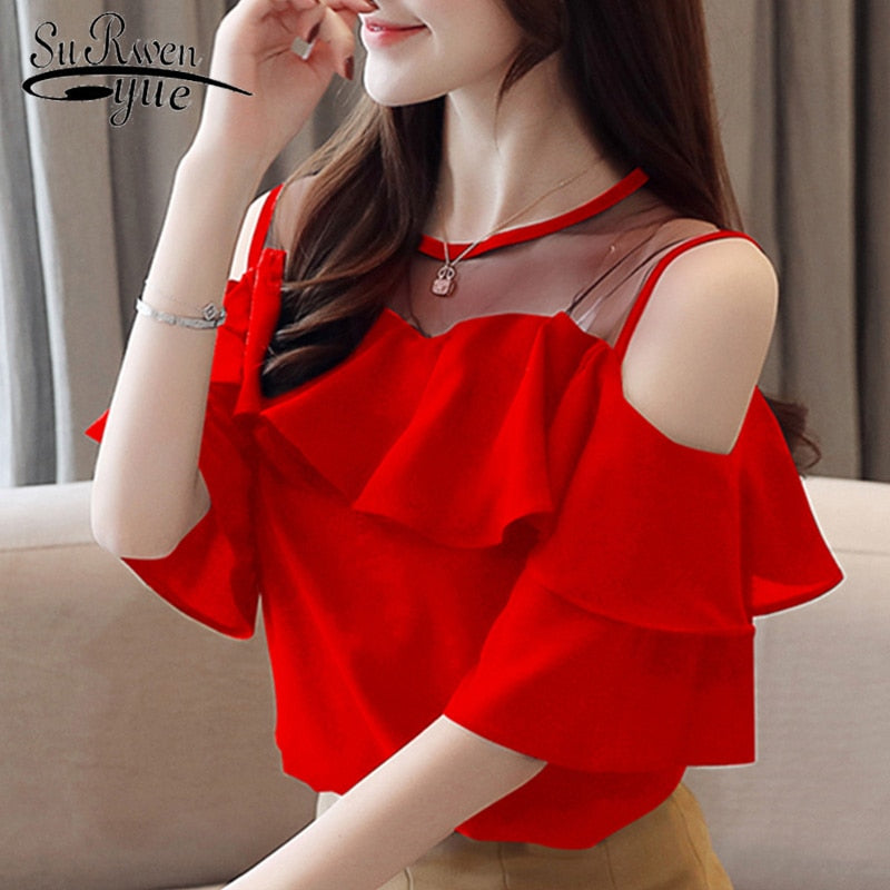 2023 Sexy Fashion Short Sleeve White Blouse Summer Women Blouses Chiffon Shirt Off Shoulder