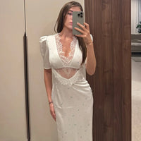 TARUXY Sexy Hollow Lace Dress Women's Fashion Short Sleeve Elegant High Waist Slim Print Dress Summer Party Club Clothes Female