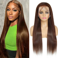 36 Inch Bone Straight Chocolate Brown 13x6 Lace Frontal Wigs 100% Brazilian Virgin Hair Pre Plucked Glueless Wigs Human Hair Wig