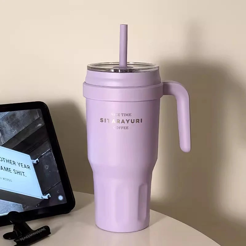 Large Insulated Water Bottle Stainless Steel Tumbler With Handle Straw Travel Gym Thermos Mug For Ice Hot Coffee Juice 1100ml