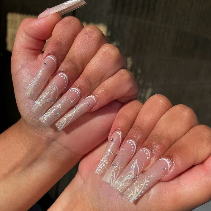 24pcs False Nails with glue flower design Long Coffin French Ballerina Fake Nails Full Cover acrylic Nail