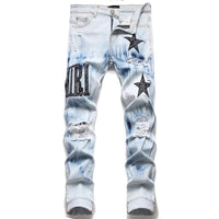 Fashion Brand Men Crystal Stretch Denim Jeans Streetwear Painted Holes Ripped Distressed Pants Patchwork Slim Tapered Trousers
