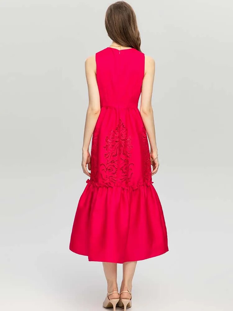 MoaaYina Fashion Designer dress Autumn Winter Women Dress Sleeveless High waist Hollow Embroidery Red Party Dresses