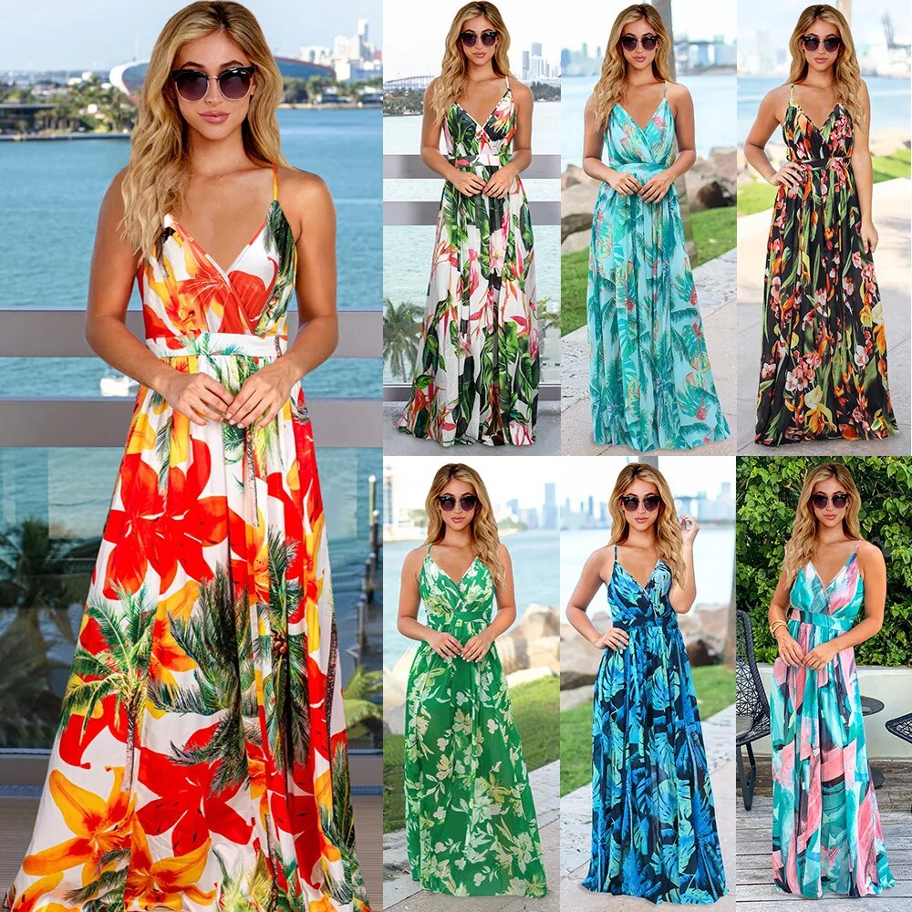 New 2023 Summer Women Casual Tropical Boho Floral Print Evening Party Beach Long Maxi Straps Dresses Sexy Backless Sundress