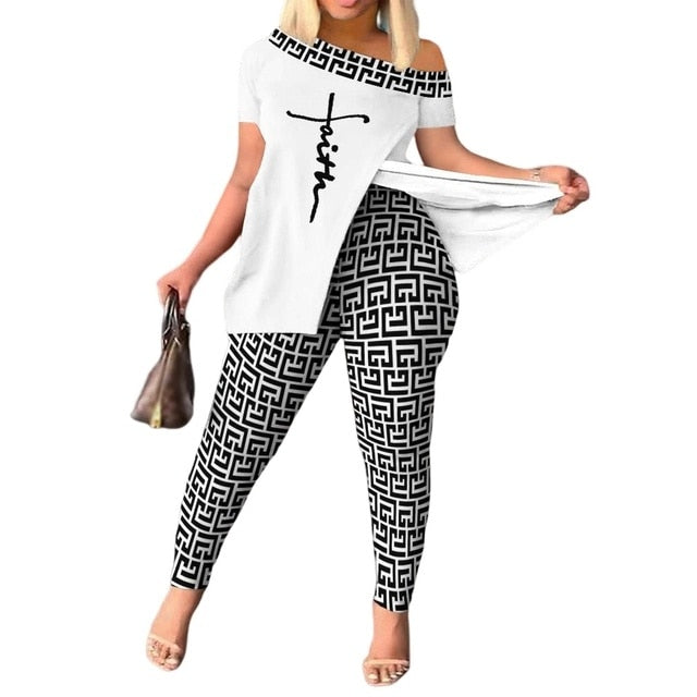 Women's Summer Fashion Geometric Print Short Sleeve Suit Set Femme Casual Sporty 2Pcs Set One-Shoulder Split Hem Tops &Pants Set