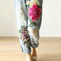 Women Denim Jeans Floral Embroidery Vintage  Straight High Waist  Trousers Pants Fashion Ripped Washed Loose Casual Harem Pants