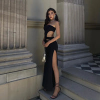066 Women Design Black Evening Dress Strapless Hollow Slit Floor-length Dress