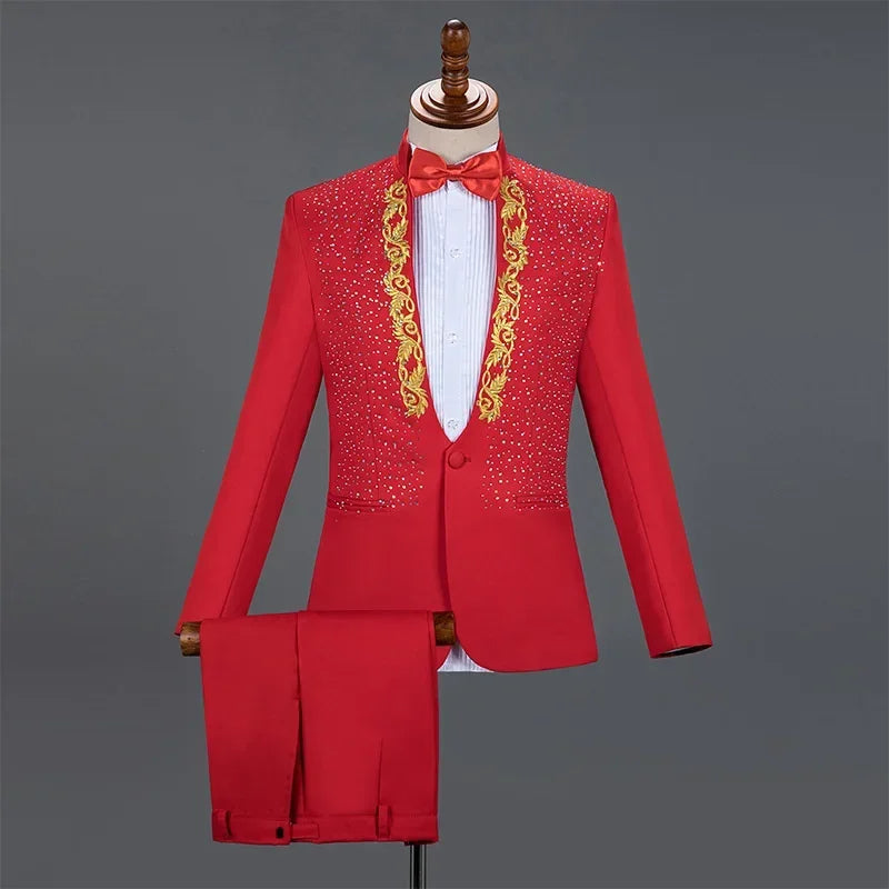 2025 Men's Stage Costume Suit Sets 2PCS Fashion Luxury One Button Sequin Embroidery Suit Jacket+Pants Male Singer Host Clothes