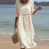 Summer Beach Vacation Dresses Women's Sexy O Neck High Waist Hollow A-Line Dress Spring Flare Sleeve Linen Vintage Dress Vestido