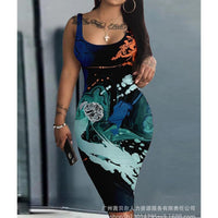 Women's Dress Summer Sexy Digital Printing Slim Dress Women's Fashion Sleeveless Round-Neck High Waist Dress