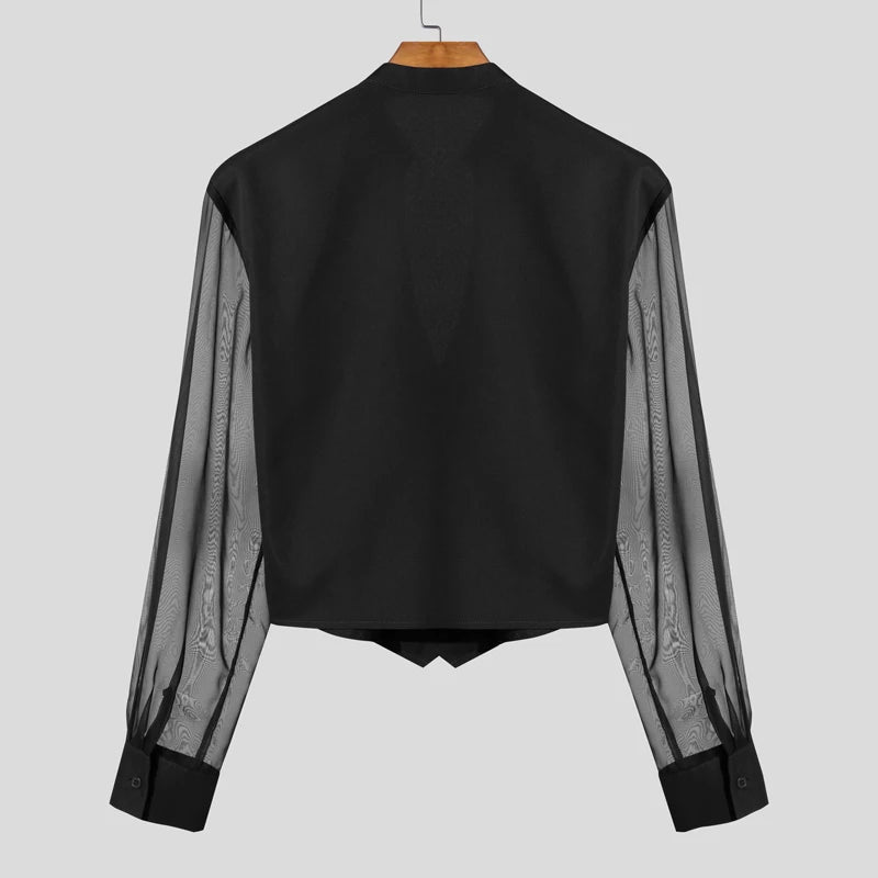 INCERUN Men Shirt Mesh Patchwork V Neck Long Sleeve Transparent Sexy Casual Male Shirts Streetwear Fashion Party Camisas 2025