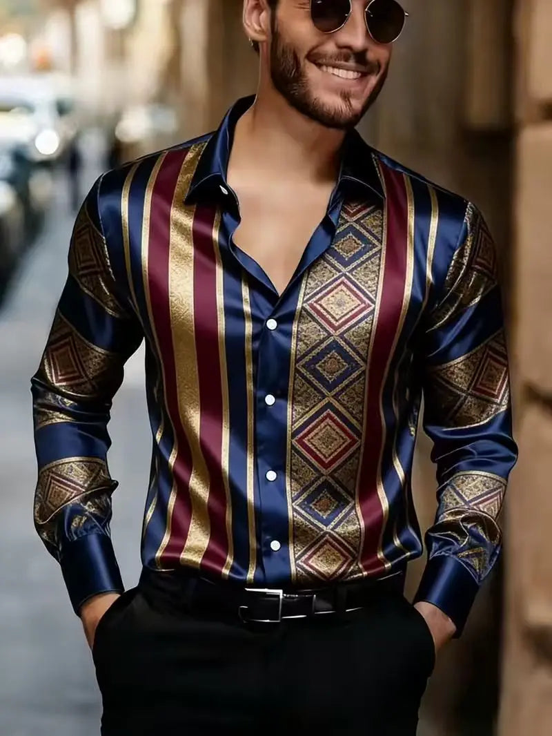 New light luxury palace style iris flower shirt 3D printed men's long sleeved shirt single breasted slim fit top