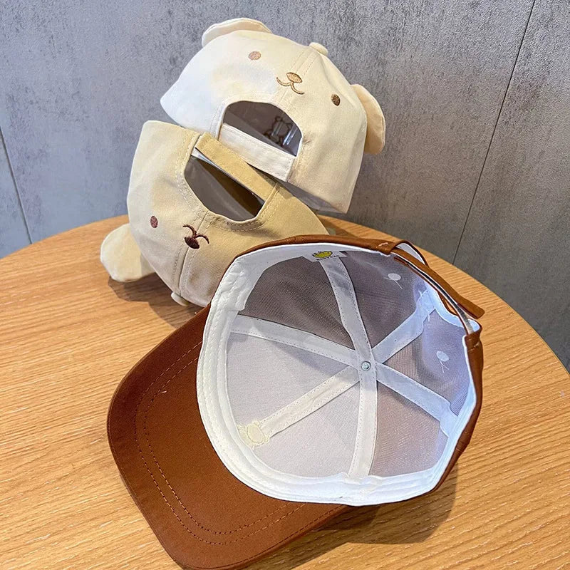 Korean Cute Baby Hat With Ears Cartoon Bear Embroidery Cotton Baseball Cap For Boys Girls Spring Summer Adjustable Kids Sun Hats