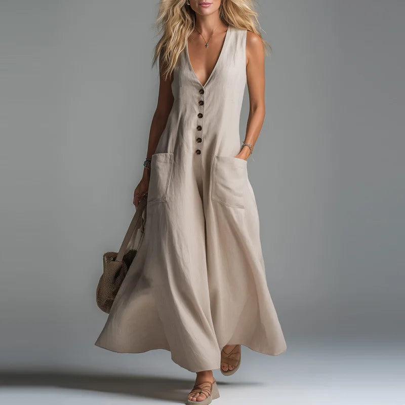 2026 Spring Summer Women Solid Color Deep V Neck Casual Dress With Patch Pockets