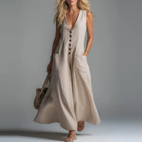 2026 Spring Summer Women Solid Color Deep V Neck Casual Dress With Patch Pockets