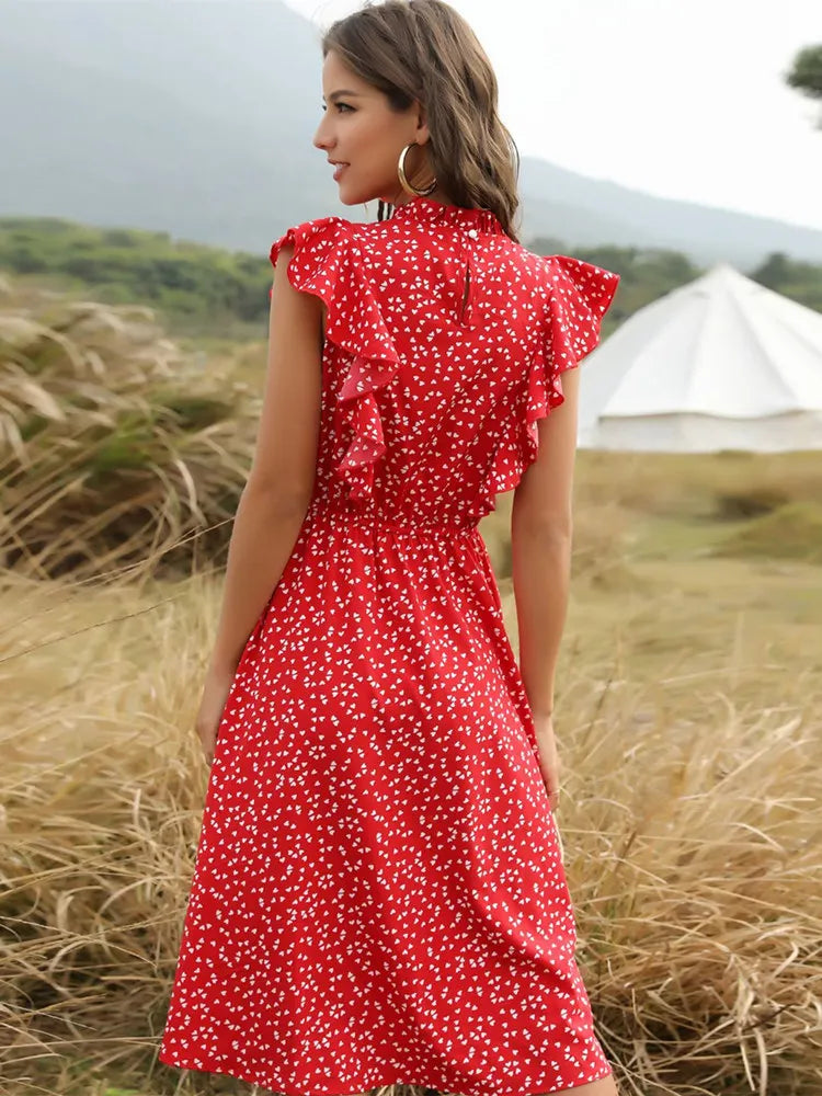 Msfilia Summer Ladies Elegant Dot Print Chic Dress Women Butterfly Sleeve Ruffles Medium Long Chiffon Dress