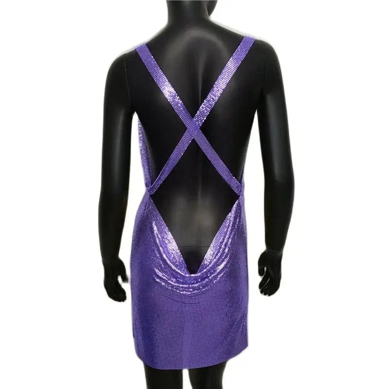Sexy Metallic Sequin Mini Dress For Women Backless Cocktail Club Glitter Low Cut Halter Dress Rave Party Nightclub Dresses