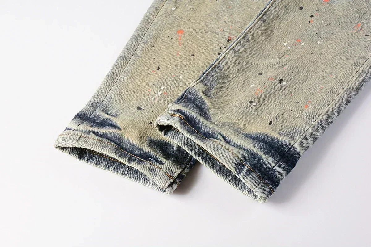 Men's Skinny Denim Jeans 2025 New Streetwear Distressed Painted Repair Low-Rise Brand Pants for Casual Style