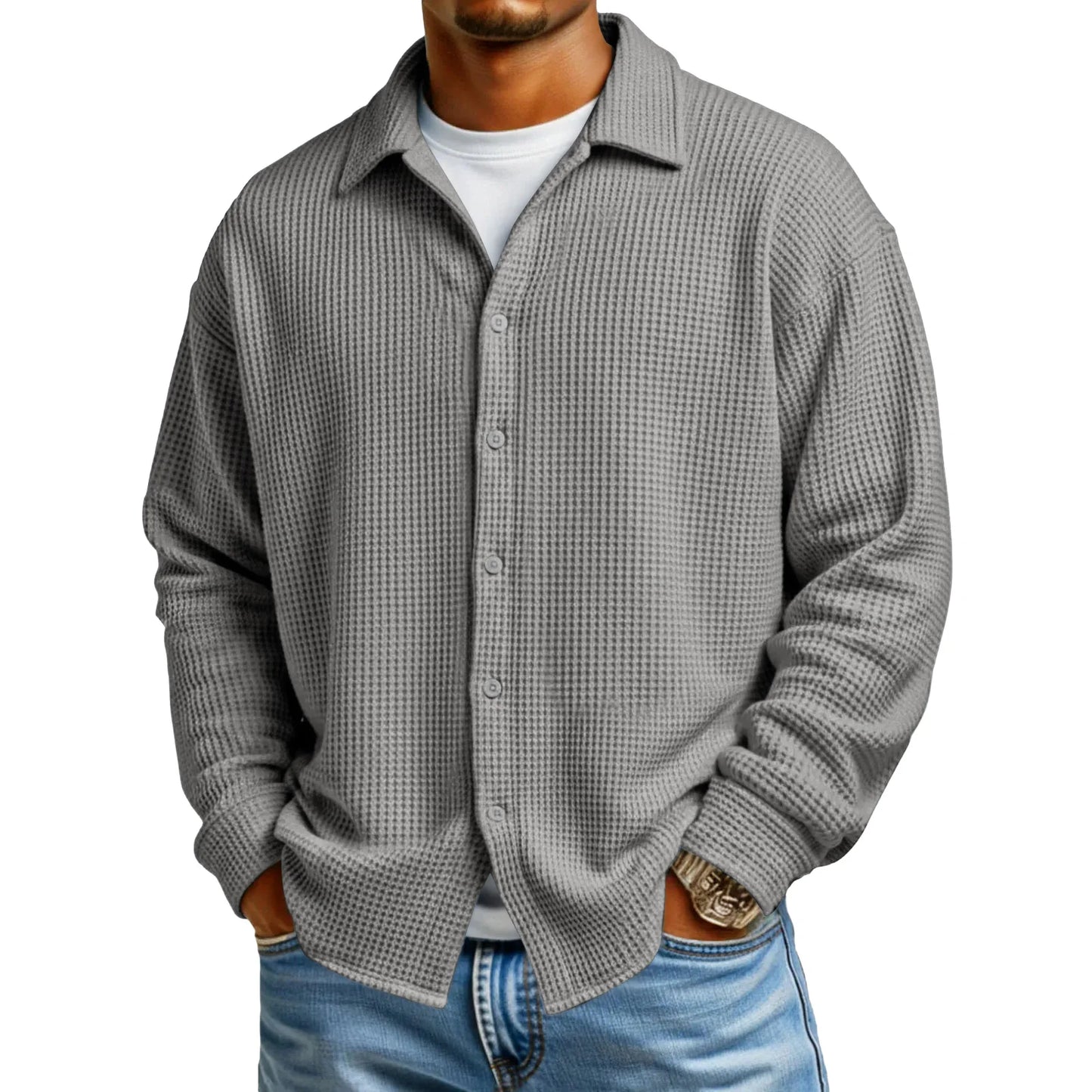 Men Casual Button Down Shirt Long Sleeve Collar Shirt Waffle Texture Loose Fit Fashion Men Top Trendy Outfit Daily Wear