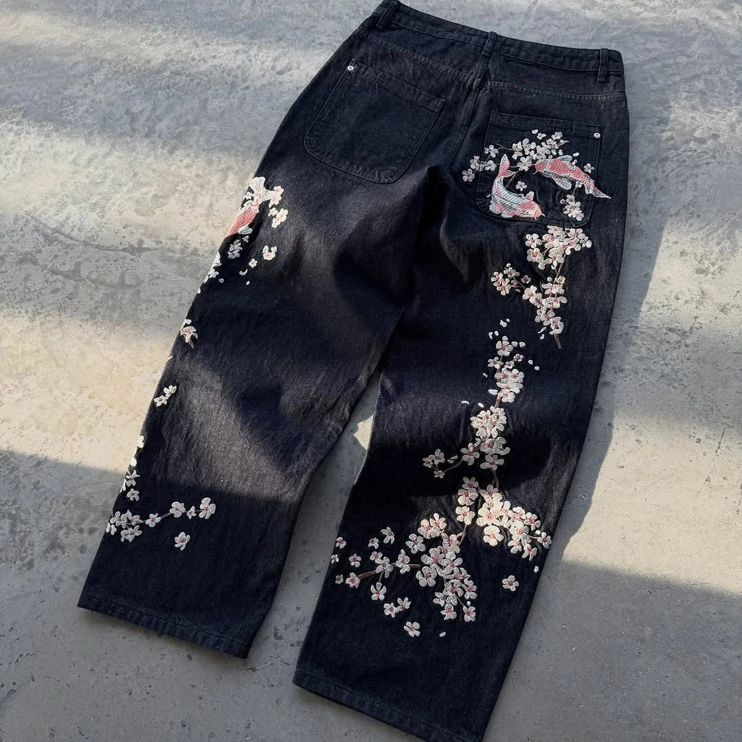 Y2K Baggy Jeans Oversized Cherry Blossom Embroidery Harajuku Vintage Wide Leg Pants Gothic Men Women Hip Hop Straight Leg Pants