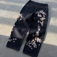 Y2K Baggy Jeans Oversized Cherry Blossom Embroidery Harajuku Vintage Wide Leg Pants Gothic Men Women Hip Hop Straight Leg Pants