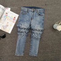 European Station Beaded Jeans Women's Summer 2025 New Versatile Ripped Elastic Skinny Small Foot Nine-point Pants