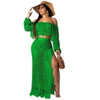Skirt 2 Piece Set Women Beach Long Skirts Suit Top Off Shoulder Tassels Sexy Hollow Out Ensemble 2025 Summer Female Outfits