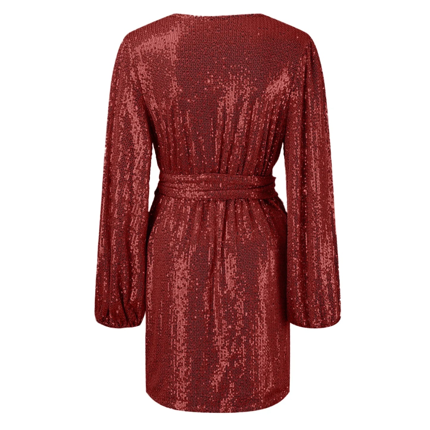 Autumn Sequin Mini Dress Sexy V-Neck Lantern Long Sleeve Belt Party Dresses For Women 2023 Nightclub Outfits Robe Femme 2023