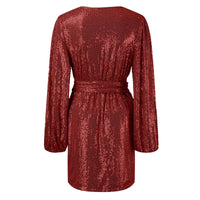 Autumn Sequin Mini Dress Sexy V-Neck Lantern Long Sleeve Belt Party Dresses For Women 2023 Nightclub Outfits Robe Femme 2023