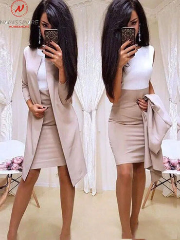 Elegant Women Set for Office Lady Pure Color Patchwork Design Casual O-Collar Slim Autumn/Winter Women Dress 2 Piece Set