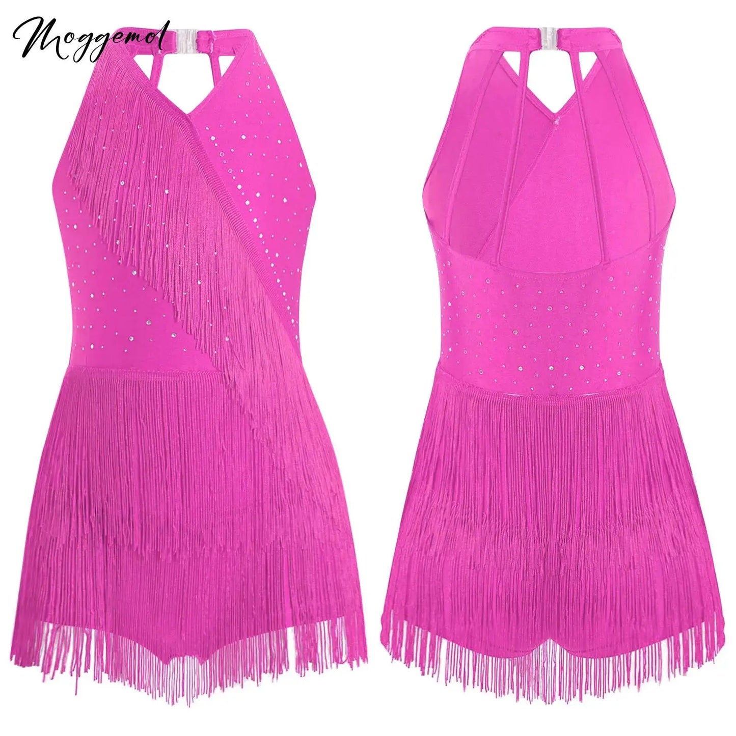 Kids Girls Latin Dance Cha-cha Samba Salsa Costume Rhinestones Fringe Leotard Dress Sleeveless Strappy Back Tassel Jumpsuit