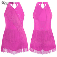 Kids Girls Latin Dance Cha-cha Samba Salsa Costume Rhinestones Fringe Leotard Dress Sleeveless Strappy Back Tassel Jumpsuit