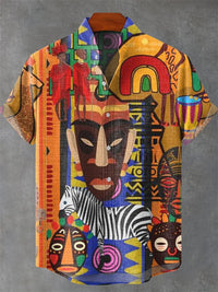 Men's Short Sleeve Shirt Vintage Ethnic Style Sunlight and Tree Illustration Art Snake Print Casual Linen Shirt