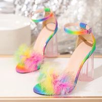 Liyke 2024 New Fashion Fluffy Feather Women's Sandals Transparent Strange High Heels Elegant Ladies Wedding Banquet Shoes Pumps