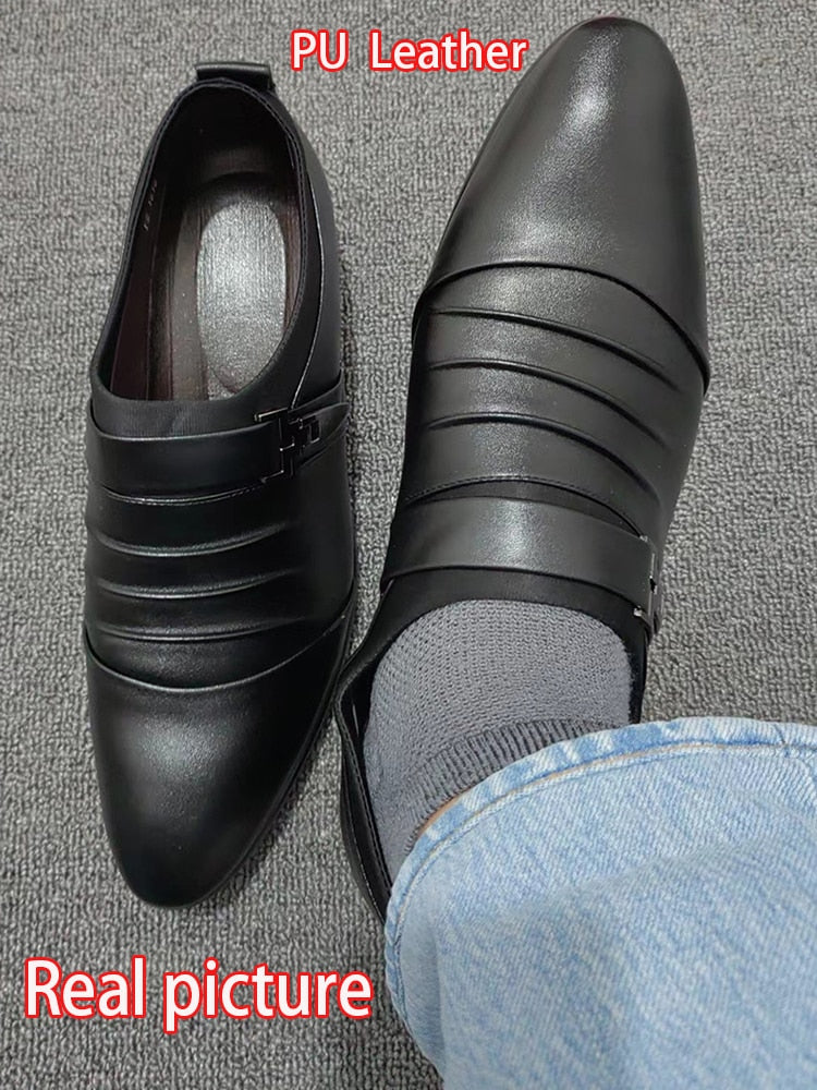 Classic Men Dress Shoes Slip on Black Leather Shoes for Men Plus Size Point Toe Business Casual Men Formal Shoes for Wedding