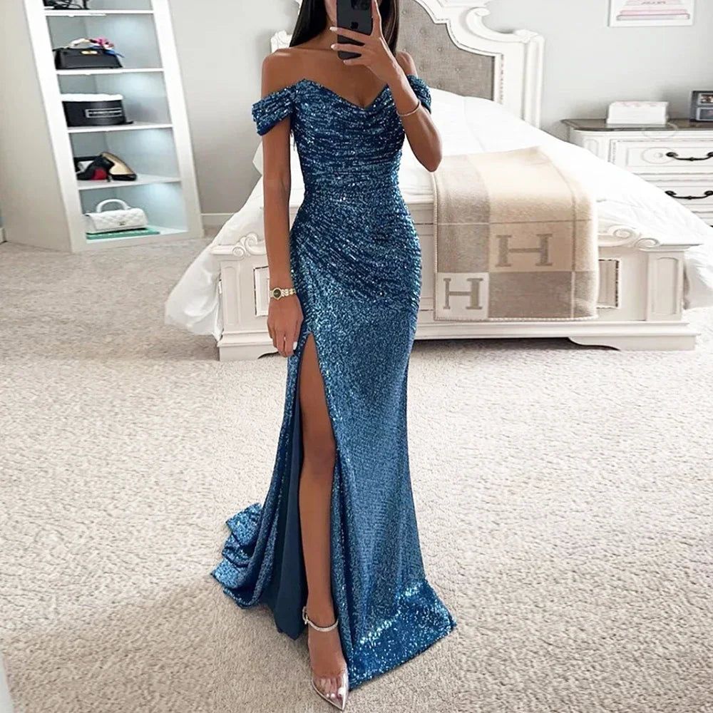 New Women Vintage Sequined V Neck Off Shoulder Slim Sexy Split Long Dress Evening Party Maxi Dresses Party Sequin Dress
