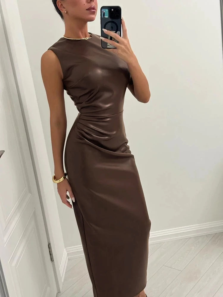 TARUXY Sleeveless Leather Maxi Dress For Women Tight Pleated Sexy Hip-Hugging Dress Vestido Solid High Waist Party Female Dress