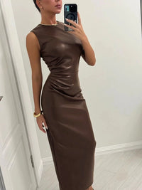 TARUXY Sleeveless Leather Maxi Dress For Women Tight Pleated Sexy Hip-Hugging Dress Vestido Solid High Waist Party Female Dress