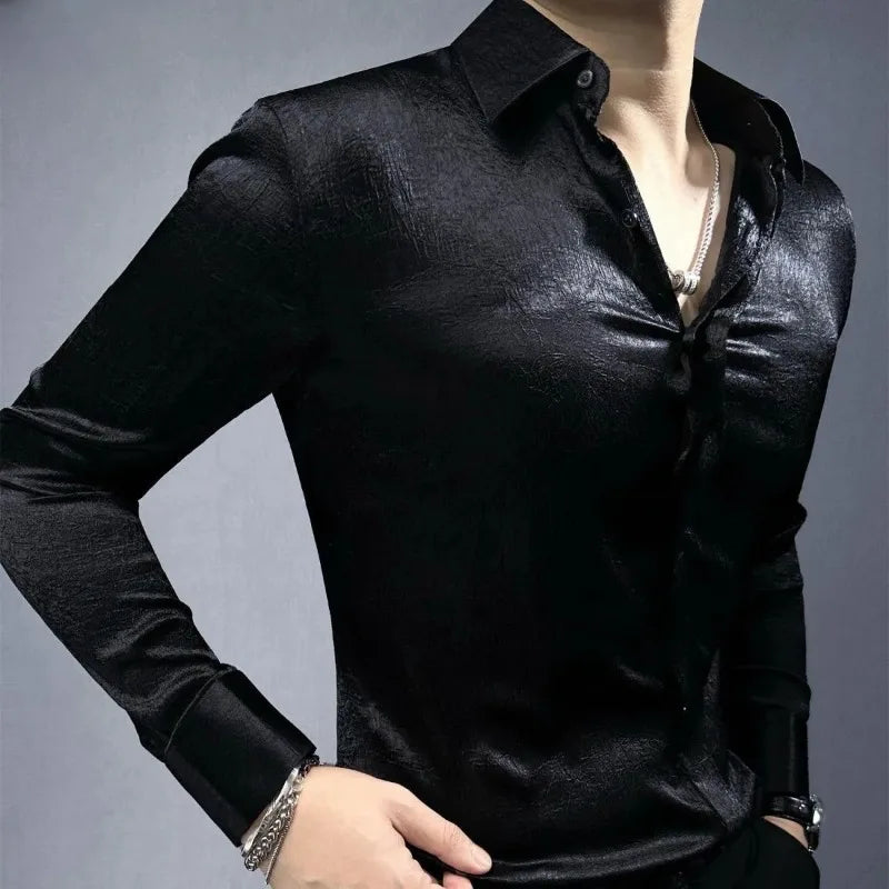 Men's Shiny Long-Sleeve Button-Down Shirt with Slim Fit