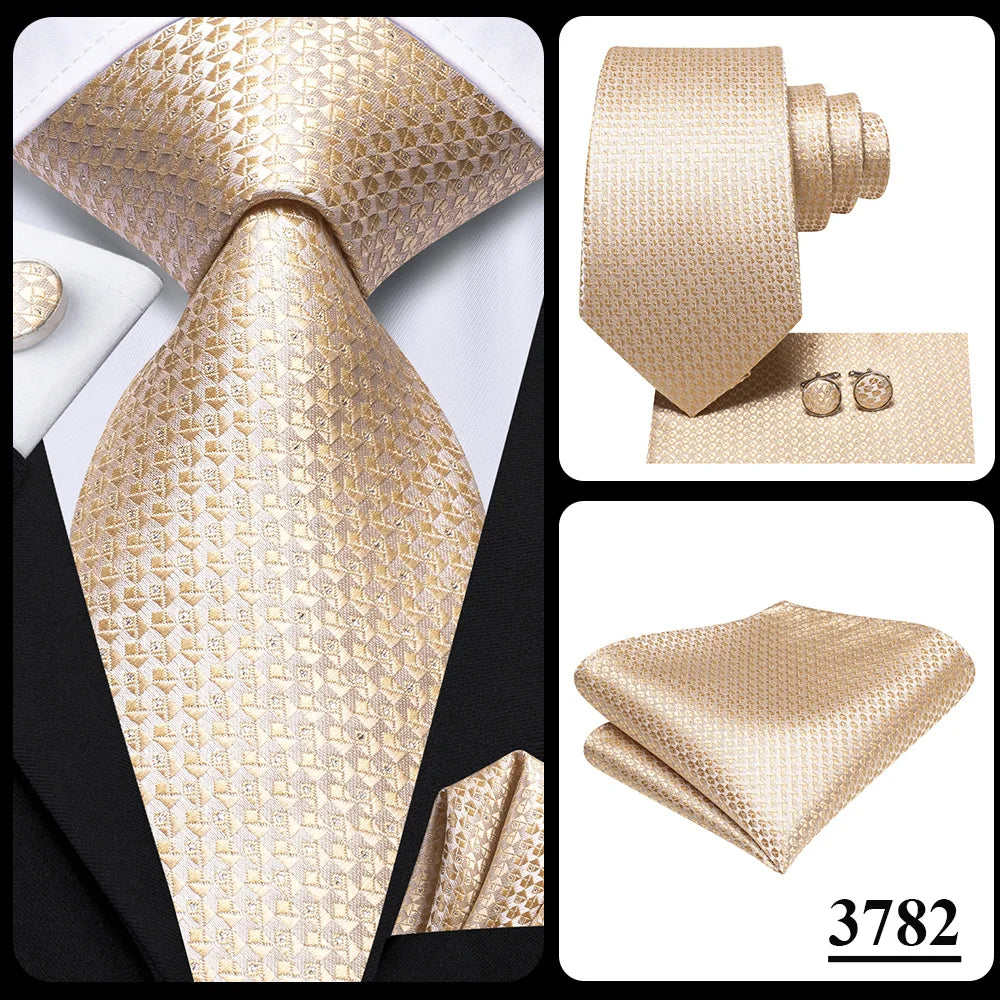 Hi-Tie Champagne Floral Paisley Silk Elegant Tie For Men Groom Wedding Men Necktie Pocket Square Cufflink Accessory Wholesale