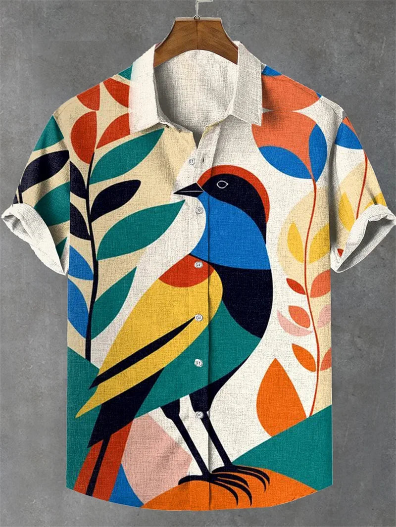 Summer fashion new printed shirt men's short sleeved shirt bird print street casual men's oversized top