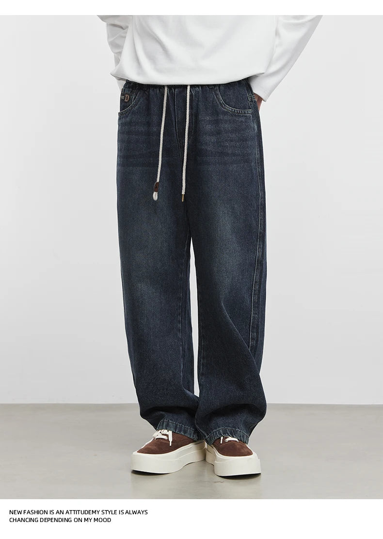 Fashion Men's Straight Jeans 2025 Autumn New Elastic Waist Retro Distressed Washed Jeans Men's Straight Casual Pants